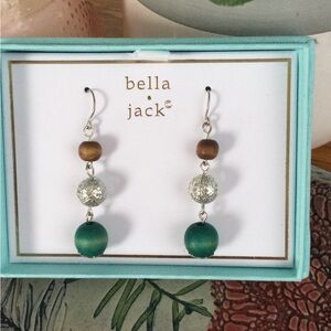 Green, Wood and Silver Bead Dangle Earrings